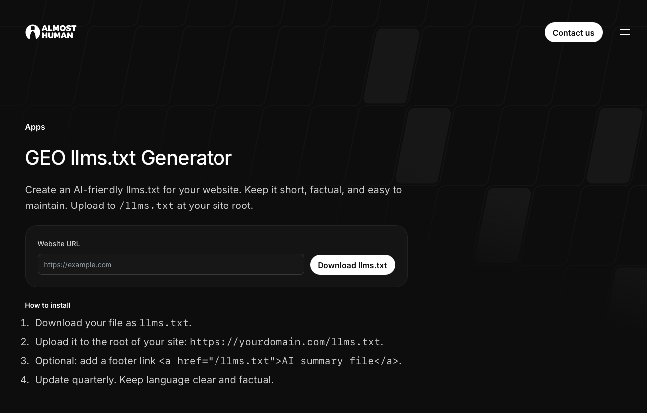 Free llms.txt generator by Almost Human screenshot 1