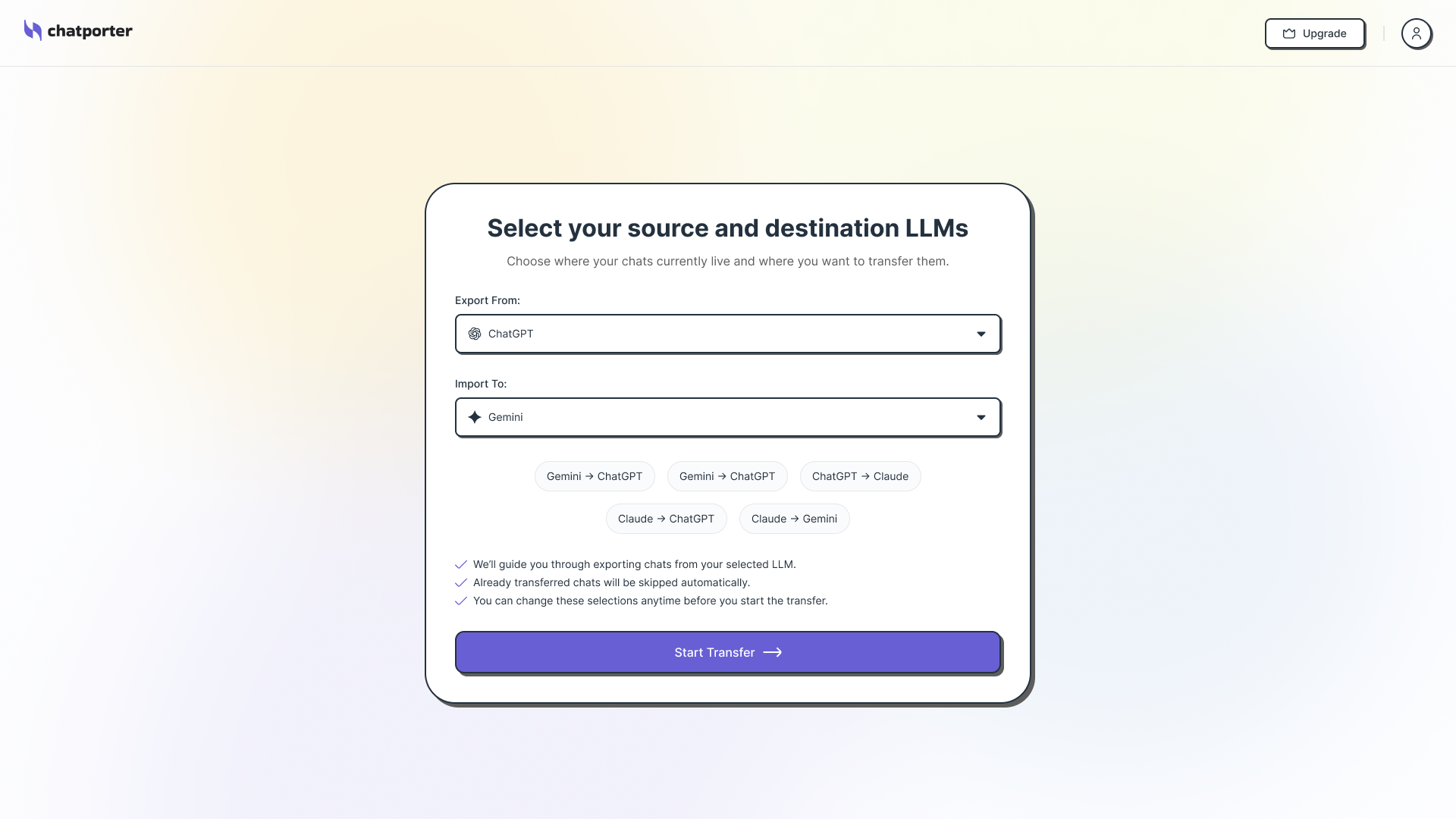 ChatGPT to Gemini chat transfer tool screenshot 1