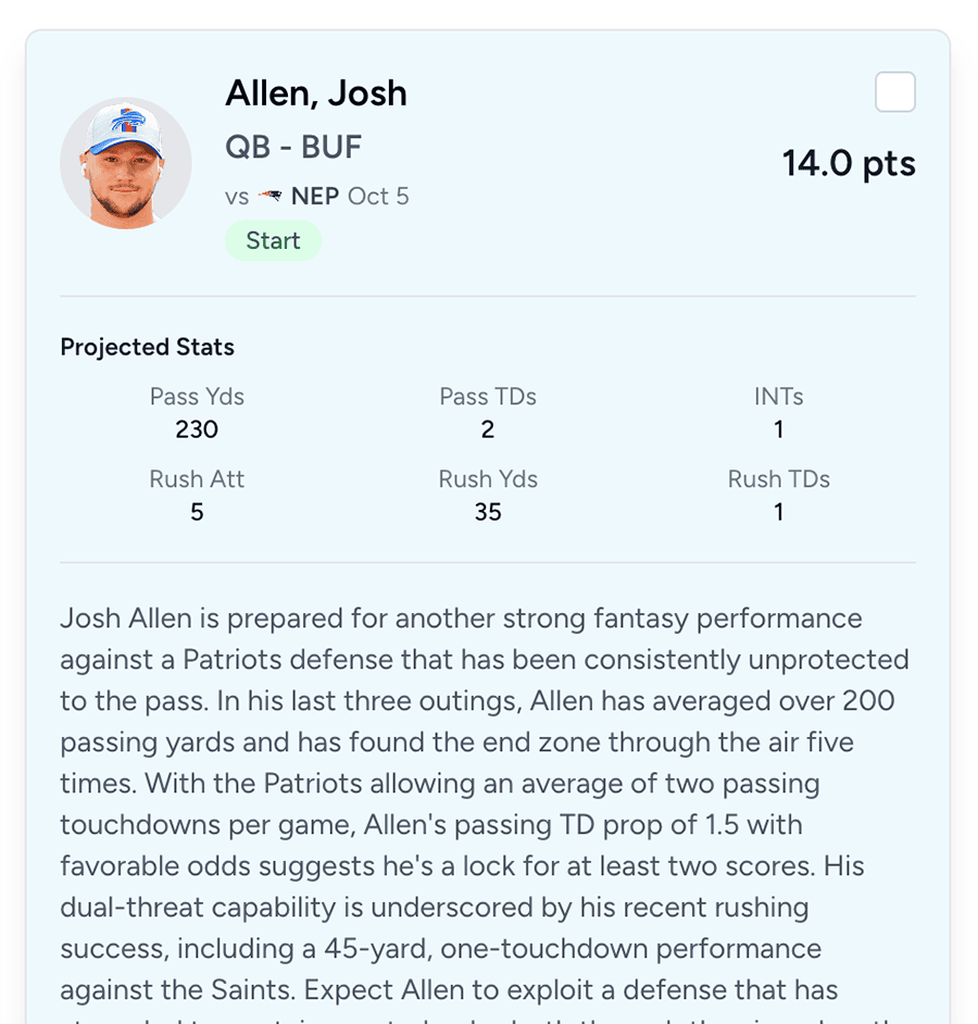 Start Bench AI Fantasy Football Lineups screenshot 2