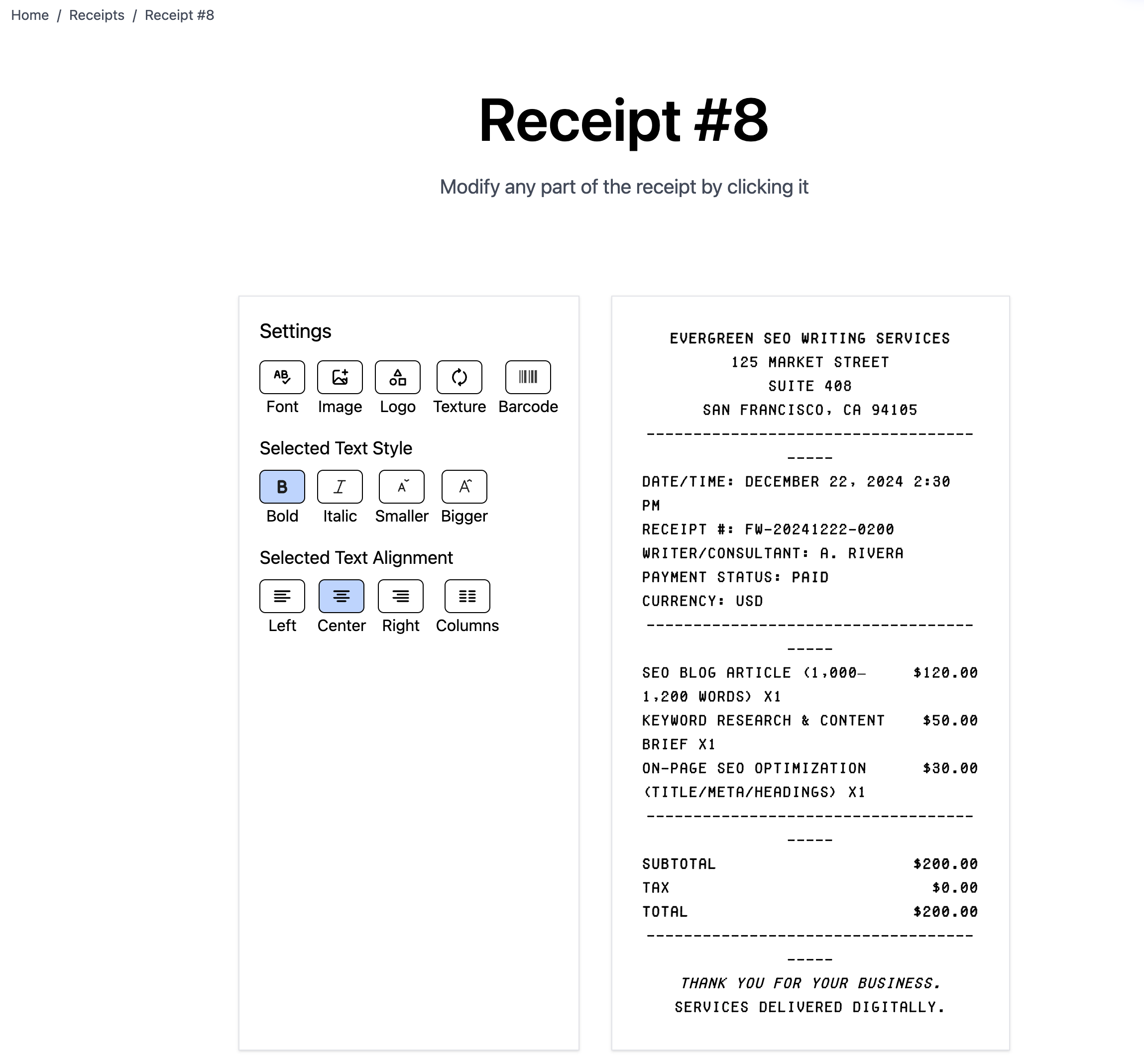 AI receipt generator screenshot 2