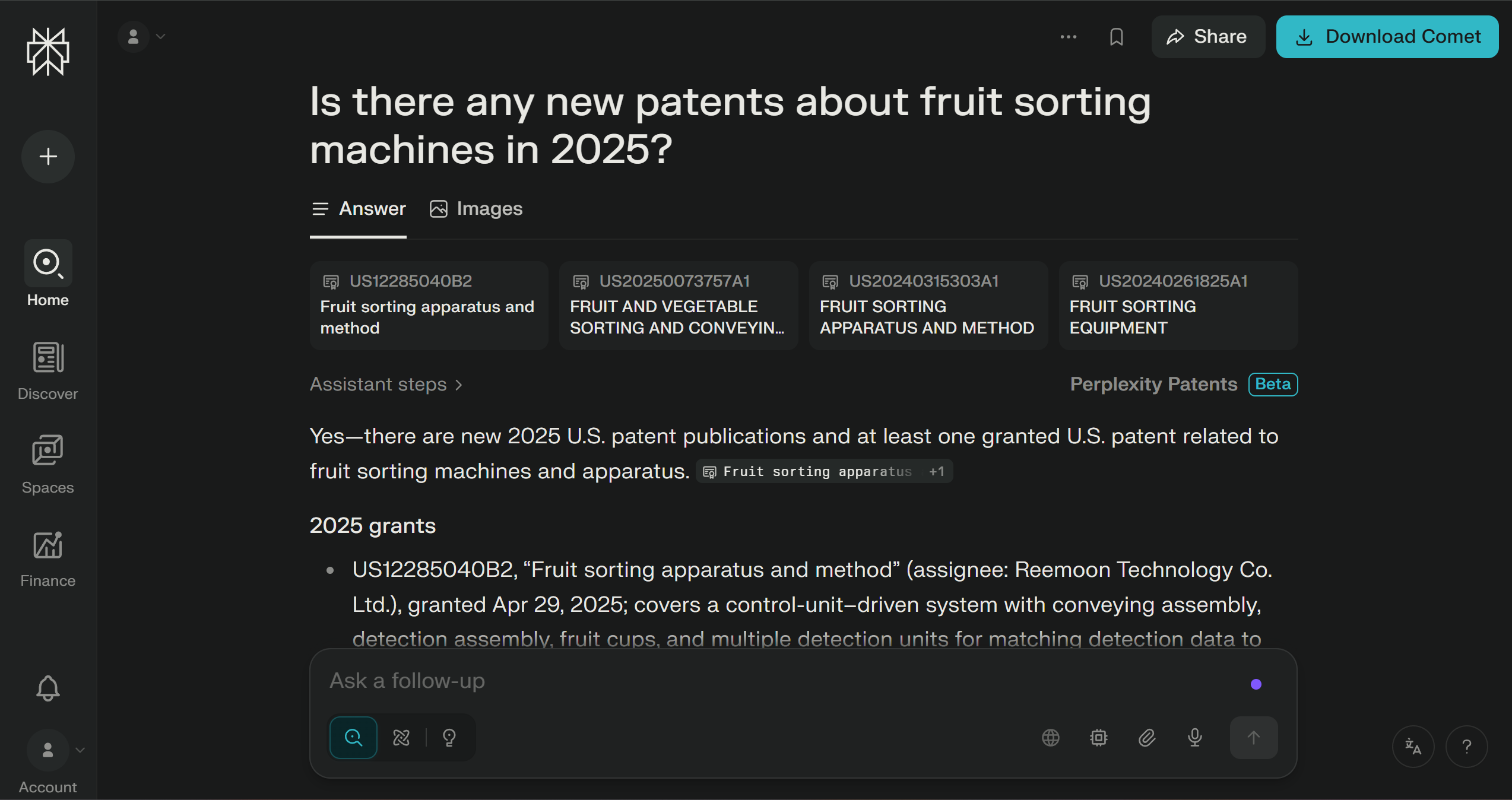 Perplexity Patents screenshot 2