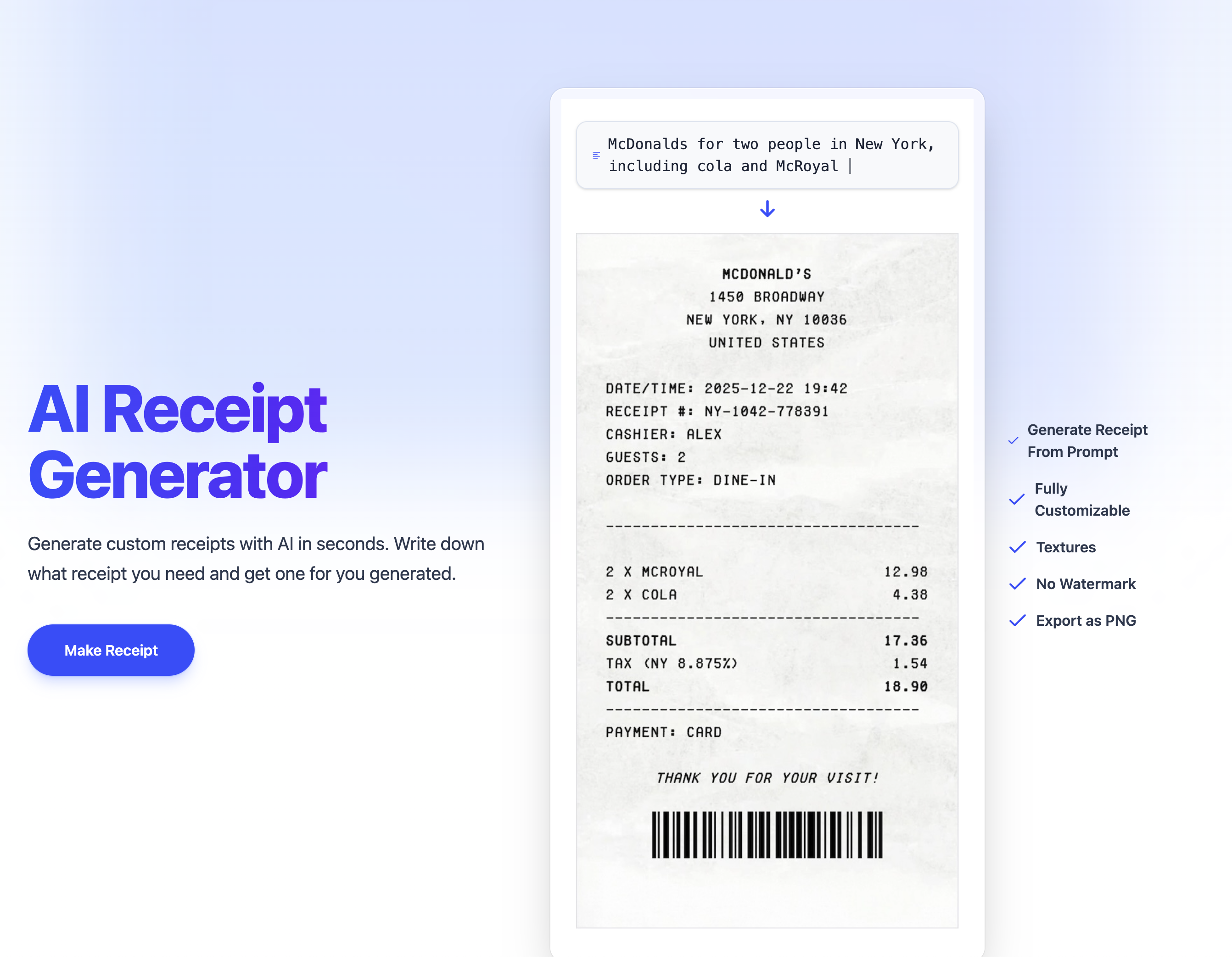 AI receipt generator screenshot 1