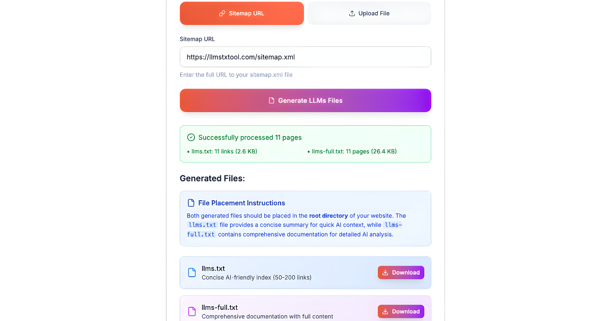 LLMs.txt Generator screenshot 2
