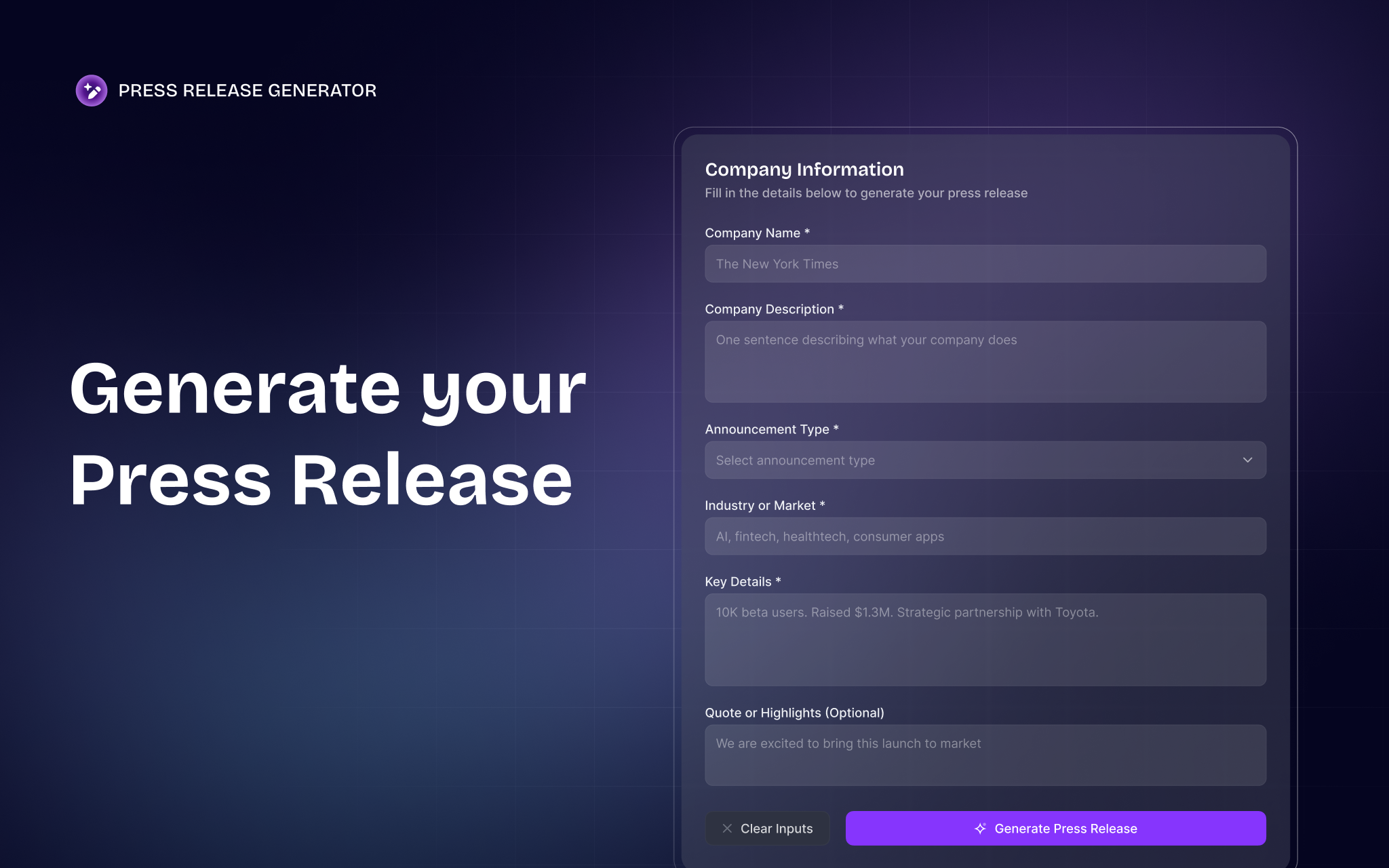 Press Release Generator screenshot 1
