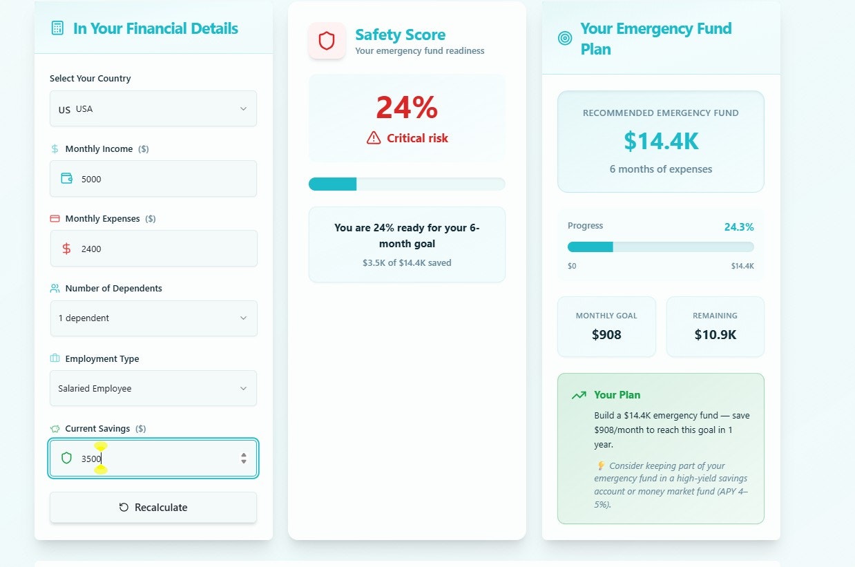 Free AI powered EmergencyFund Calculator screenshot 1