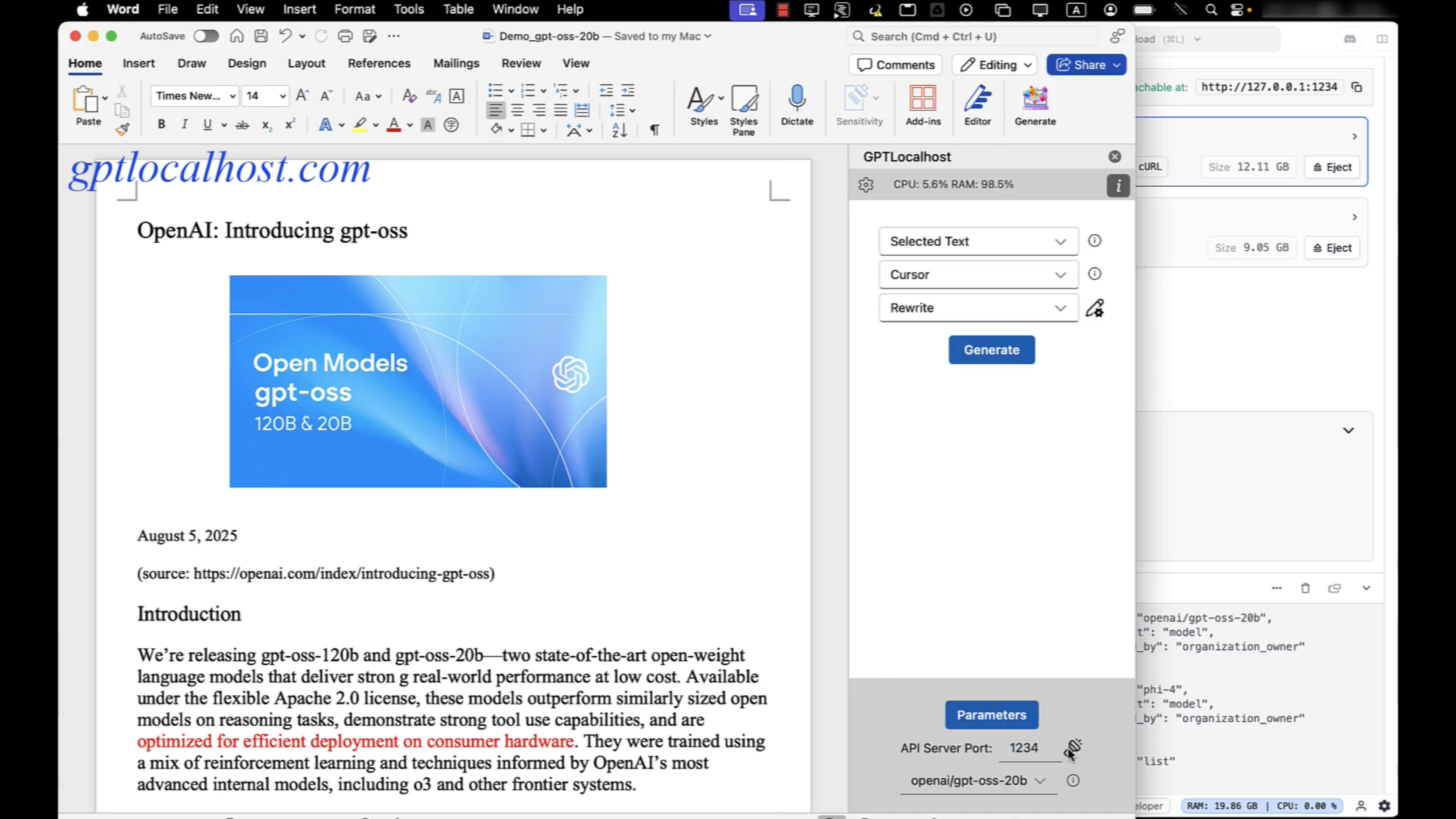 GPTLocalhost: use local LLMs in Word screenshot 2
