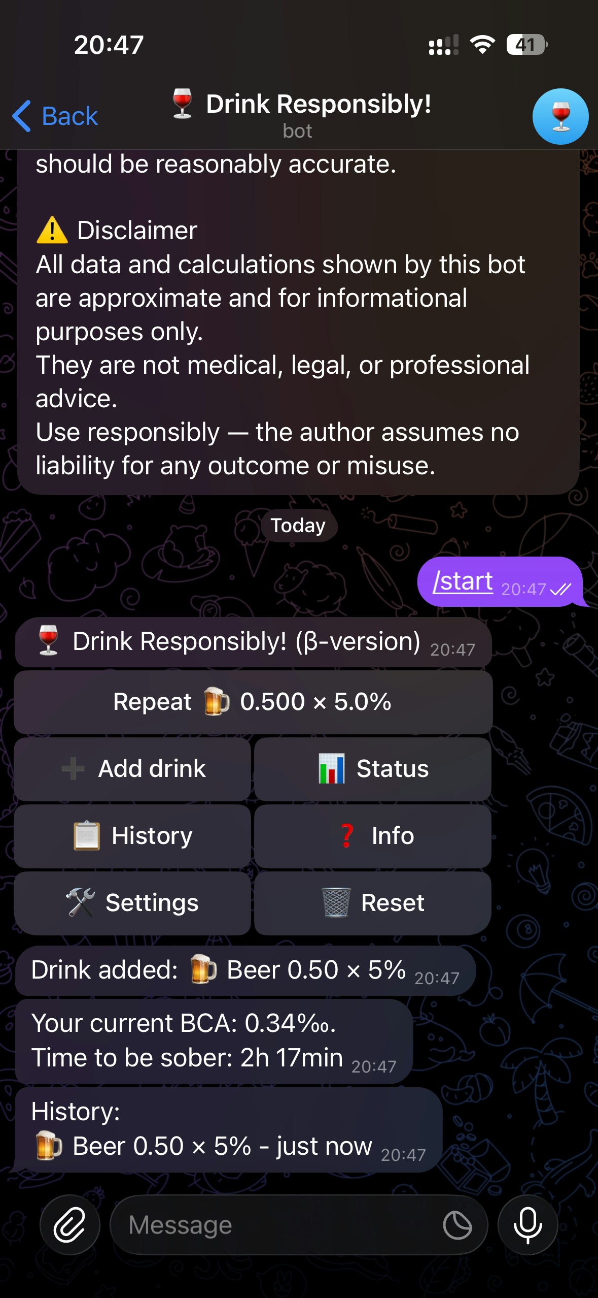 Drink Responsibly — BAC Tracker Bot screenshot 1