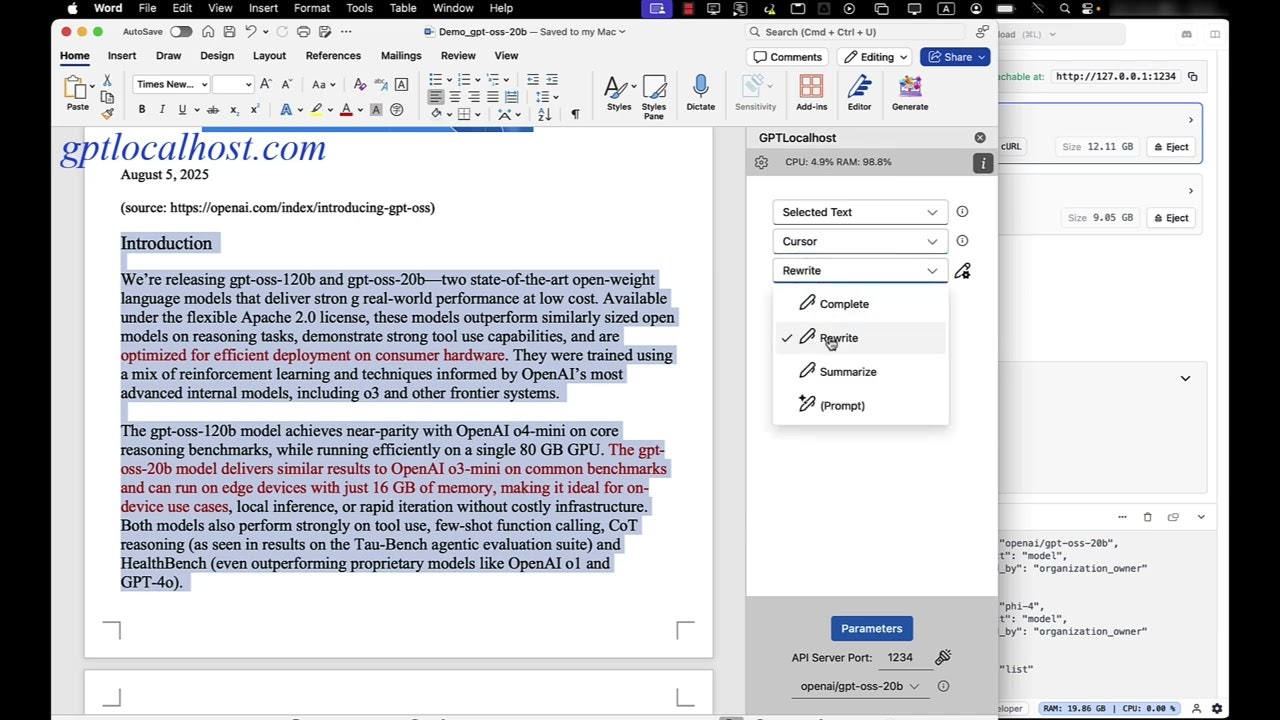 GPTLocalhost: use local LLMs in Word screenshot 1