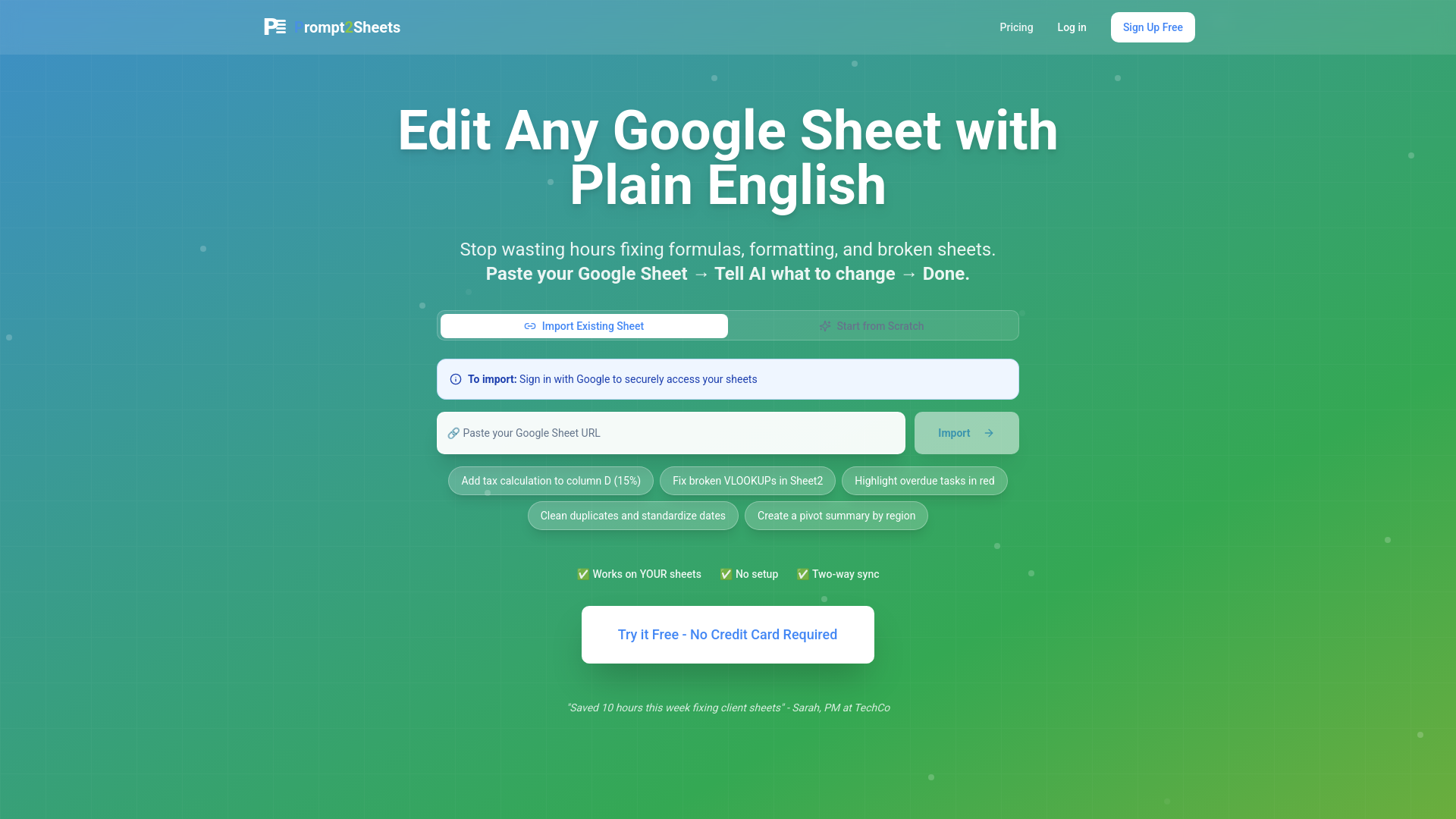 Prompt2Sheets - Lovable 4 Google Sheets screenshot 1