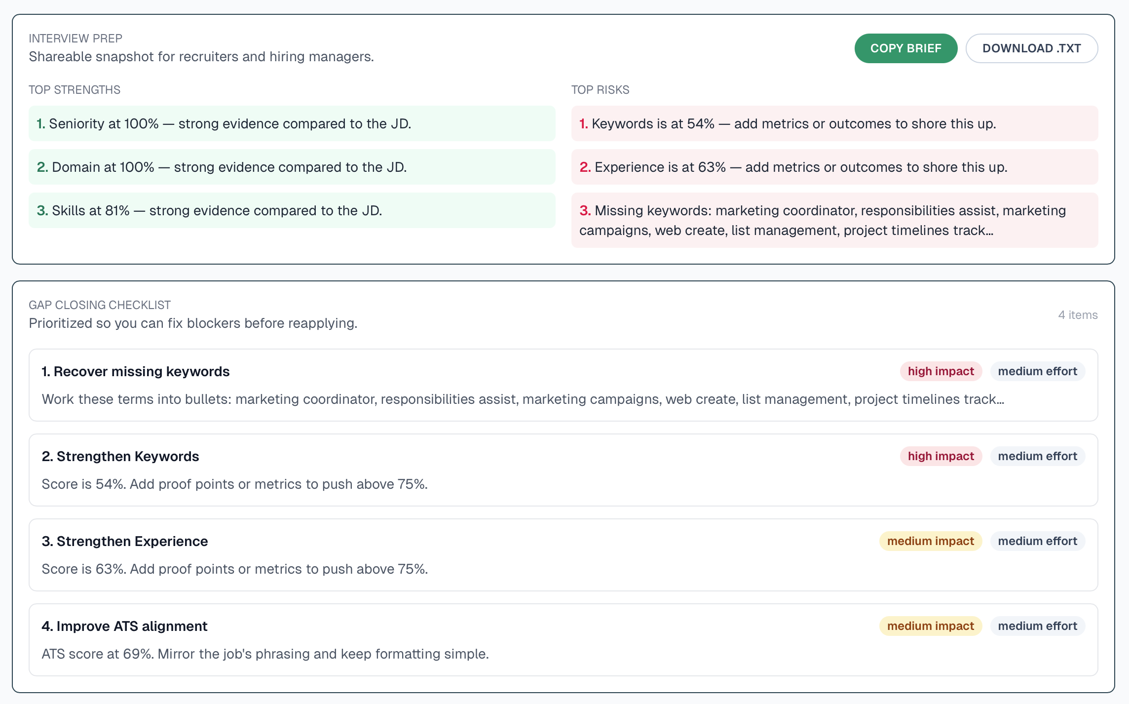 Resume vs. job description analyzer screenshot 2