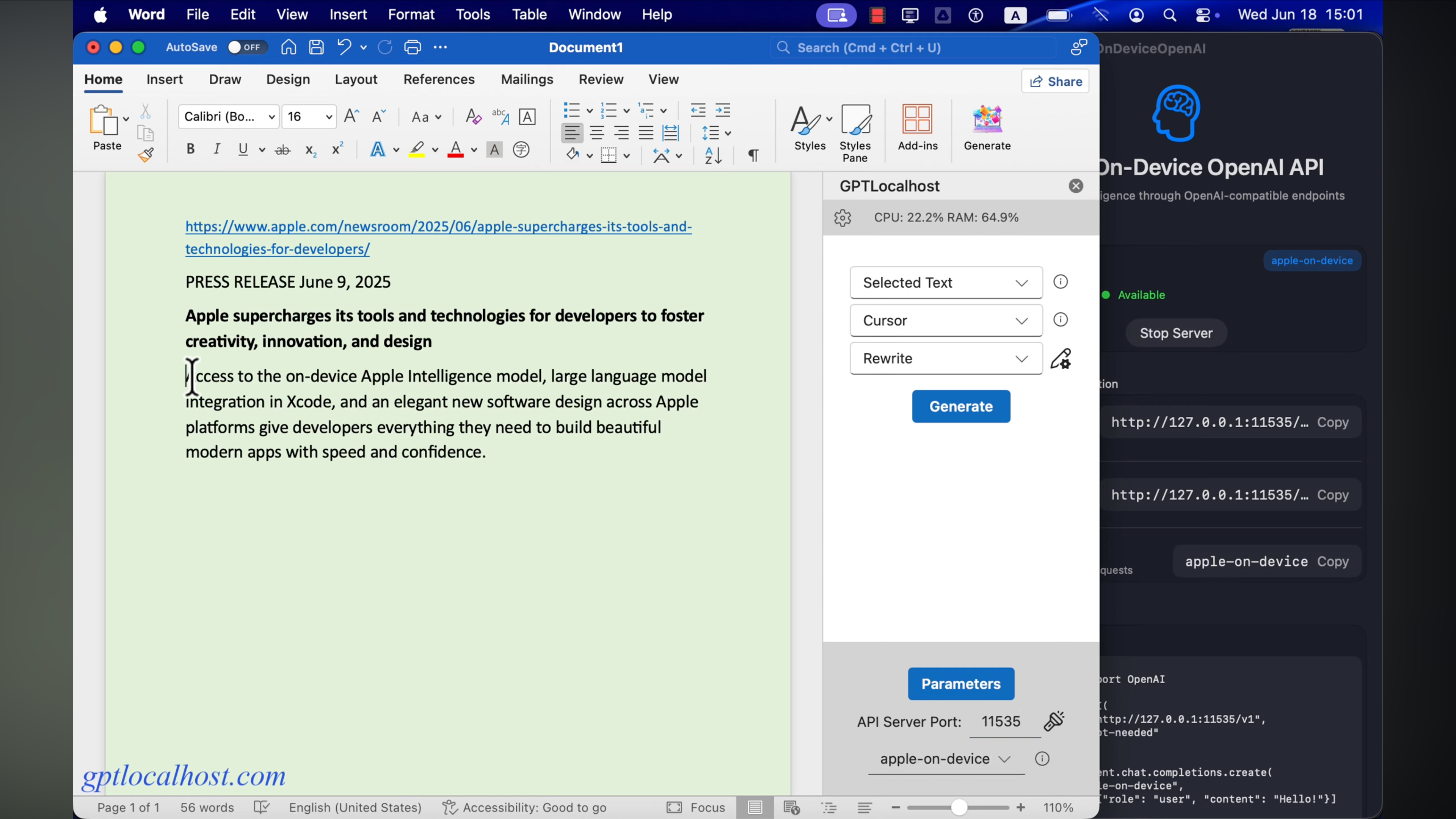GPTLocalhost: use local LLMs in Word screenshot 3