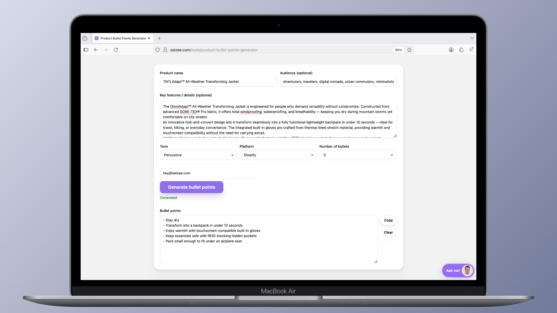 Product Bullet Points Generator screenshot 2