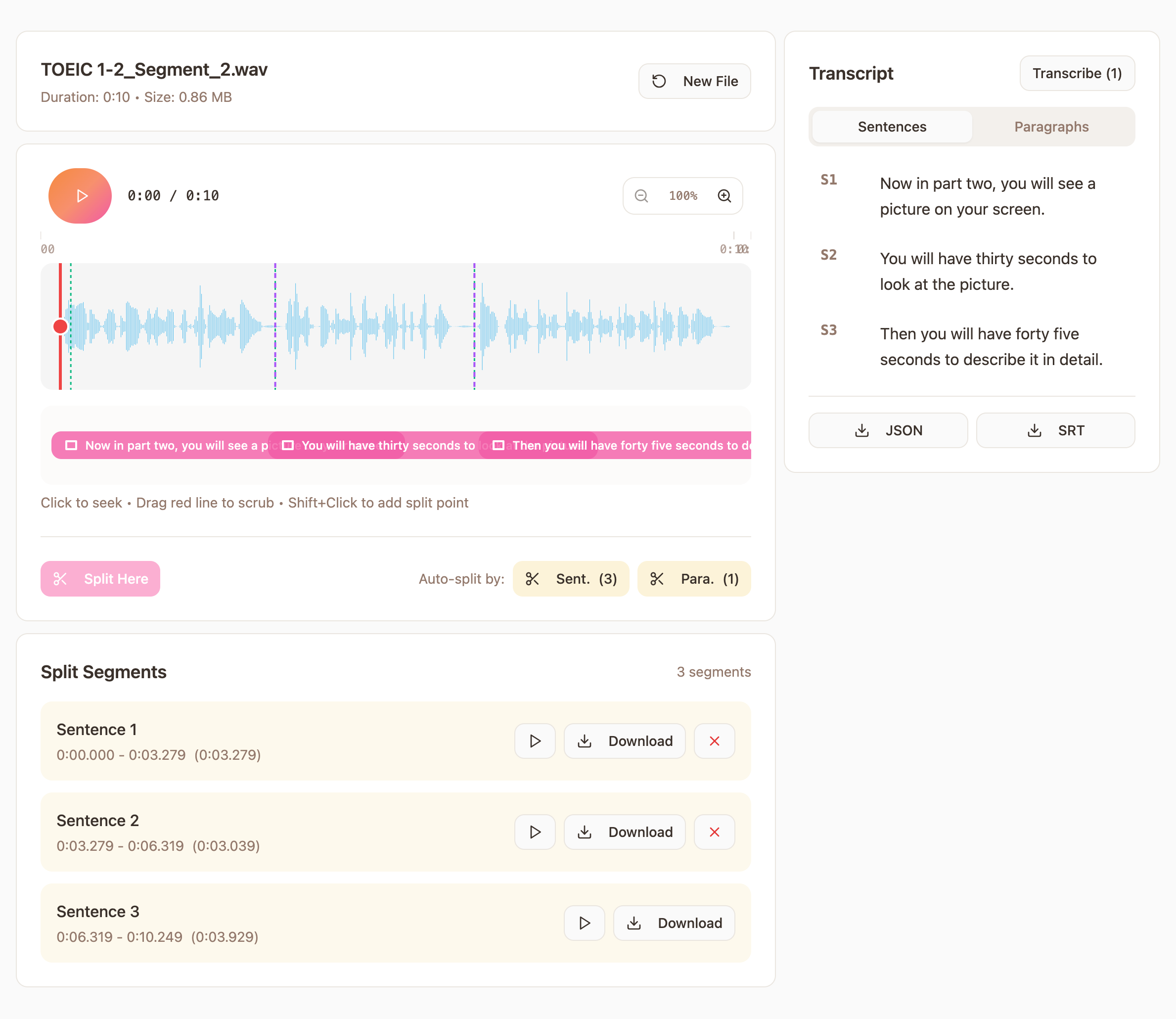 TranscribeAndSplit screenshot 1