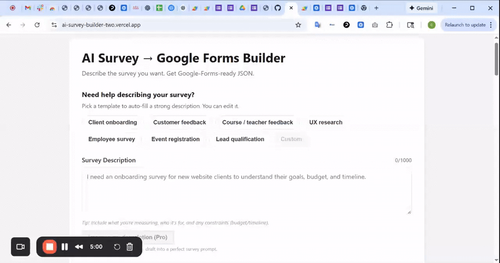 AI Survey → Google Forms Builder screenshot 1